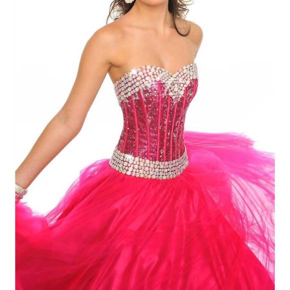 NEW PRECIOUS FORMALS beaded strapless tulle gown in fuchsia - Picture 3 of 3